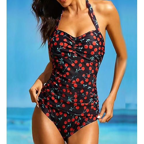 

Women's Swimwear One Piece Monokini Bathing Suits Normal Swimsuit Backless Tummy Control Ruched string Print Cherry Fruit Green Blue Red Halter Padded Strap Bathing Suits New Vacation Fashion / Cute