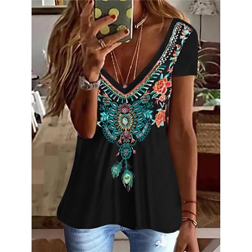 Women's Casual Daily T shirt Tee Floral Graphic Short Sleeve Patchwork Print V Neck Basic Ethnic Vintage Tops Black S / 3D Print
Women's Casual Daily T shirt Tee Floral Graphic Short Sleeve Patchwork Print V Neck Basic Ethnic Vintage Tops Black S / 3D Print