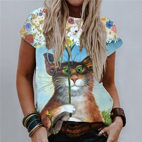Women's Plus Size Tops T shirt Floral Cat Print Short Sleeve Crewneck Streetwear Daily Going out Cotton Spandex Jersey Spring Summer Blue
Women's Plus Size Tops T shirt Floral Cat Print Short Sleeve Crewneck Streetwear Daily Going out Cotton Spandex Jersey Spring Summer Blue