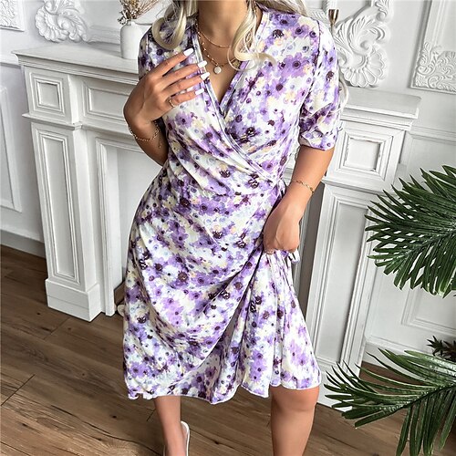 Women's A Line Dress Knee Length Dress Purple Short Sleeve Floral Print Spring Summer V Neck Elegant Casual Vacation 2022 S M L XL
Women's A Line Dress Knee Length Dress Purple Short Sleeve Floral Print Spring Summer V Neck Elegant Casual Vacation 2022 S M L XL