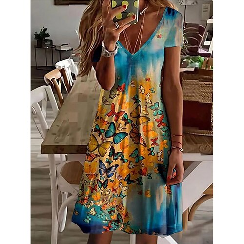 Women's A Line Dress Knee Length Dress Blue Short Sleeve Butterfly Patchwork Print Summer V Neck Stylish Casual Vacation 2022 S M L XL XXL / 3D Print
Women's A Line Dress Knee Length Dress Blue Short Sleeve Butterfly Patchwork Print Summer V Neck Stylish Casual Vacation 2022 S M L XL XXL / 3D Print