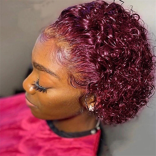 

99J Burgundy Short Curly Lace Front Human Hair Wig For Black Women Pixie Cut Colored Bob Deep Curly Pre Plucked Curly 13x1 Lace Front Wig