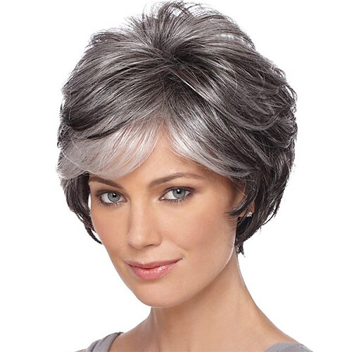 

Short Grey Pixie Cut Wigs for Women layered Synthetic Hair Mixed Gray Wig with White Bangs Natural Wavy Wigs for Old Lady