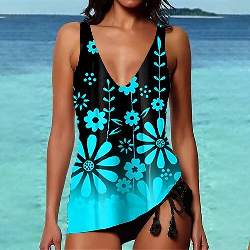 

Women's Swimwear Tankini 2 Piece Normal Swimsuit Tassel Fringe High Waisted Floral Print Blue Padded V Wire Bathing Suits Sports Vacation Sexy / Strap / New / Strap