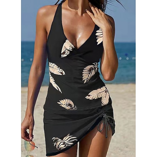 

Women's Plus Size Swimwear Tankini 2 Piece Swim Dress Swimsuit Halter 2 Piece Modest Swimwear Open Back Printing Leaves V Wire Tropical Beach Wear Bathing Suits