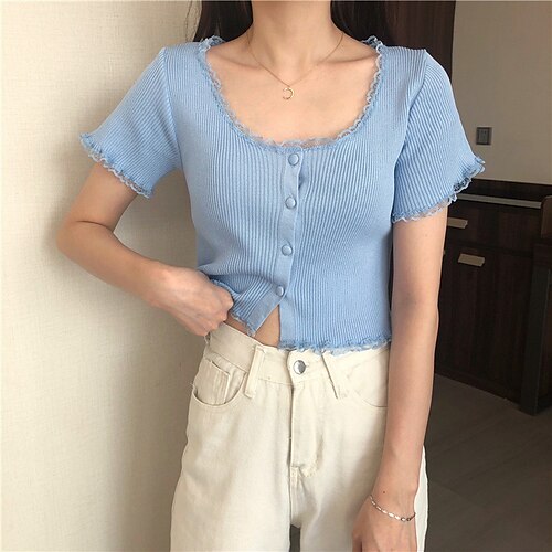 Women's Cardigan Knitted Lace Trims Button Pure Color Stylish Casual Soft Short Sleeves Sweater Cardigans Crew Neck Spring Summer Blue White Black
Women's Cardigan Knitted Lace Trims Button Pure Color Stylish Casual Soft Short Sleeves Sweater Cardigans Crew Neck Spring Summer Blue White Black