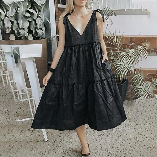 Women's Swing Dress Knee Length Dress White Black Red Sleeveless Solid Color Patchwork Summer V Neck Stylish Casual 2022 S M L XL
Women's Swing Dress Knee Length Dress White Black Red Sleeveless Solid Color Patchwork Summer V Neck Stylish Casual 2022 S M L XL