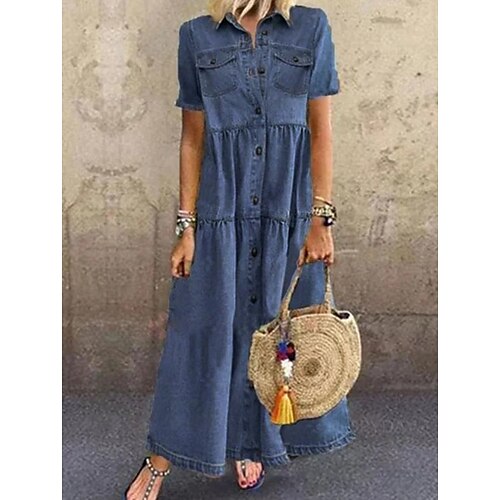 Women's Denim Dress Long Dress Maxi Dress Blue Light Blue Short Sleeve Pure Color Pocket Spring Summer Shirt Collar Regular Fit 2022 S M L XL XXL 3XL
Women's Denim Dress Long Dress Maxi Dress Blue Light Blue Short Sleeve Pure Color Pocket Spring Summer Shirt Collar Regular Fit 2022 S M L XL XXL 3XL