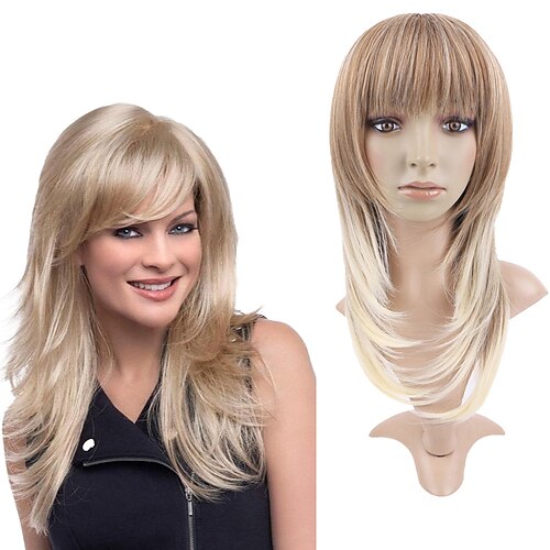

Synthetic Wig Straight Neat Bang Wig 20 inch Strawberry Blonde / Light Blonde Synthetic Hair 20 inch Women's Color Gradient Comfy Fluffy Blonde Mixed Color