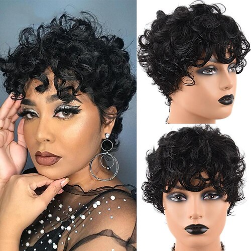 

Human Hair Wig Full Machine Made with Bang Loose Curl Pixie Cut For Women 130% Brazilian Hair Capless Human Hair Wig None Lace Wig Black#1B