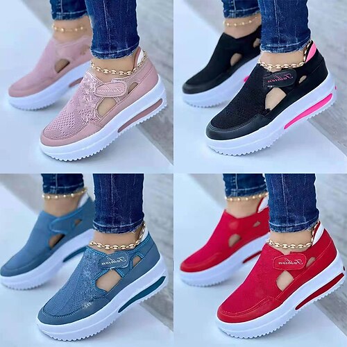 

Women's Sneakers Slip-Ons Plus Size Platform Sneakers Sports Sandals Outdoor Daily Summer Platform Round Toe Sporty Casual Walking Shoes Polyester Synthetics Magic Tape Solid Color Black Pink Red