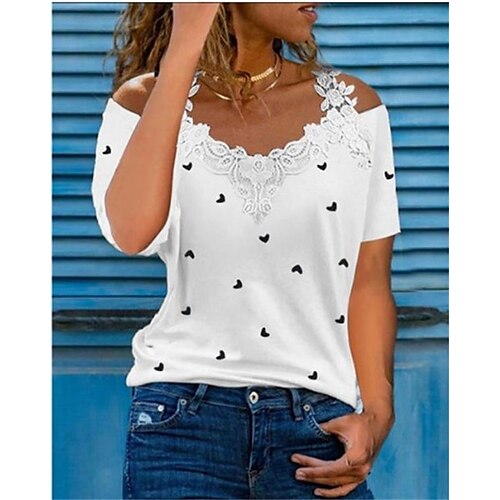 Women's T shirt Heart Lace Trims Cold Shoulder Print Off Shoulder Basic Tops Blue White Black
Women's T shirt Heart Lace Trims Cold Shoulder Print Off Shoulder Basic Tops Blue White Black