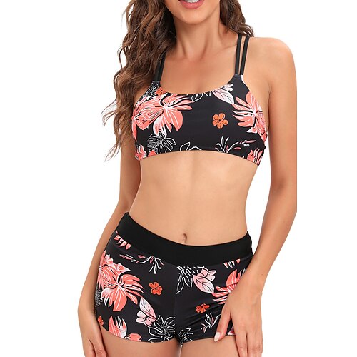 

Women's Swimwear Bikini Three Piece Normal Swimsuit 3-Piece Printing High Waisted string Floral Leaf Black Padded Scoop Neck Bathing Suits New Vacation Holiday / Modern / Padded Bras