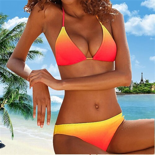 

Women's Swimwear Bikini 2 Piece Normal Swimsuit Halter 2 Piece Open Back Sexy Printing Ombre Gradient Color Red Green Halter V Wire Bathing Suits Sexy Vacation Fashion