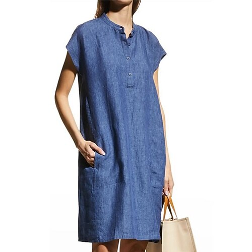 Women's Shift Dress Short Mini Dress Blue Short Sleeve Pure Color Pocket Button Spring Summer Stand Collar Casual 2022 S M L XL XXL
Women's Shift Dress Short Mini Dress Blue Short Sleeve Pure Color Pocket Button Spring Summer Stand Collar Casual 2022 S M L XL XXL