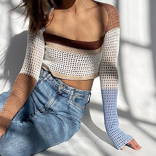Women's Sweater Pullover Jumper Knitted Hole Striped Color Block Stylish Casual Soft Long Sleeve Sweater Cardigans Square Neck Spring Summer Blue Brown
Women's Sweater Pullover Jumper Knitted Hole Striped Color Block Stylish Casual Soft Long Sleeve Sweater Cardigans Square Neck Spring Summer Blue Brown