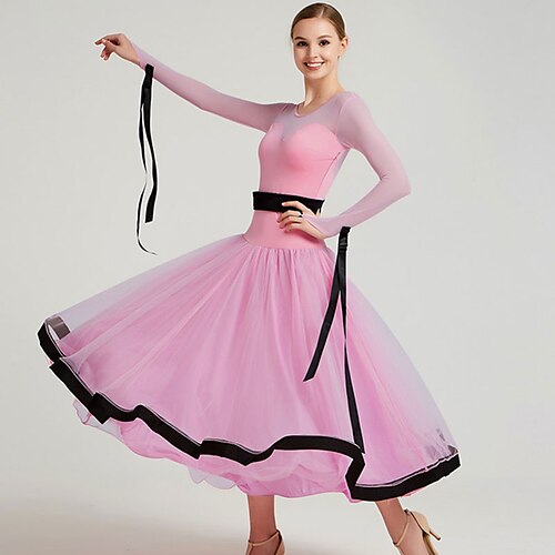 

Ballroom Dance Dress Bow(s) Split Joint Women's Training Performance Long Sleeve Mesh Tulle Pleuche
