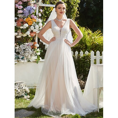 A-Line Wedding Dresses V Neck Floor Length Lace Tulle Sleeveless Romantic Boho Glamorous Wedding Dress in Color with Lace Embroidery Solid Color 2022
A-Line Wedding Dresses V Neck Floor Length Lace Tulle Sleeveless Romantic Boho Glamorous Wedding Dress in Color with Lace Embroidery Solid Color 2022