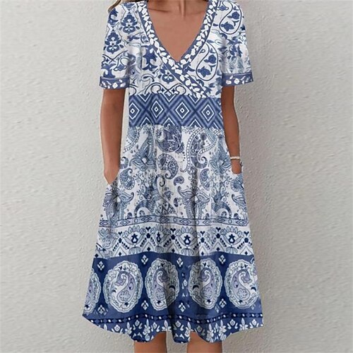 Women's A Line Dress Knee Length Dress Blue Short Sleeve Floral Geometric Pocket Print Spring Summer V Neck Stylish Elegant 2022 S M L XL XXL
Women's A Line Dress Knee Length Dress Blue Short Sleeve Floral Geometric Pocket Print Spring Summer V Neck Stylish Elegant 2022 S M L XL XXL