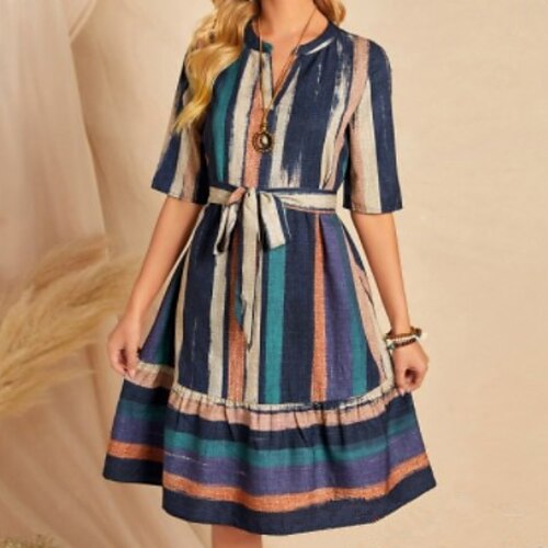 Women's Swing Dress Knee Length Dress Blue Half Sleeve Striped Patchwork Spring Summer V Neck Casual 2022 S M L XL XXL 3XL
Women's Swing Dress Knee Length Dress Blue Half Sleeve Striped Patchwork Spring Summer V Neck Casual 2022 S M L XL XXL 3XL