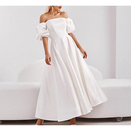 A-Line Wedding Dresses Off Shoulder Ankle Length Satin Short Sleeve Simple Sexy with Solid Color 2022
A-Line Wedding Dresses Off Shoulder Ankle Length Satin Short Sleeve Simple Sexy with Solid Color 2022
