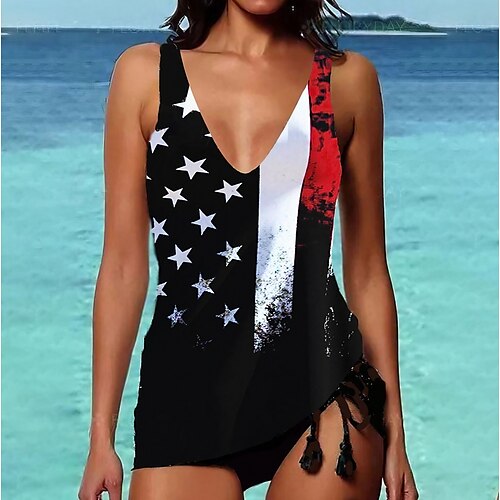 

Women's Swimwear Tankini 2 Piece Normal Swimsuit Tassel Fringe High Waisted Stars National Flag Black Padded Strap Bathing Suits Sports Vacation Sexy / New