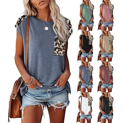 

european and american women's loose-fitting color-blocking round neck short-sleeved t-shirt leopard print pocket contrast color top 2022 spring