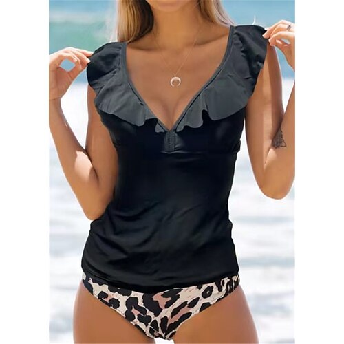 Women's Swimwear Tankini 2 Piece Swimsuit Ruffle Open Back Leopard Black V Wire Bathing Suits New Vacation Fashion / Modern / Padded Bras
Women's Swimwear Tankini 2 Piece Swimsuit Ruffle Open Back Leopard Black V Wire Bathing Suits New Vacation Fashion / Modern / Padded Bras