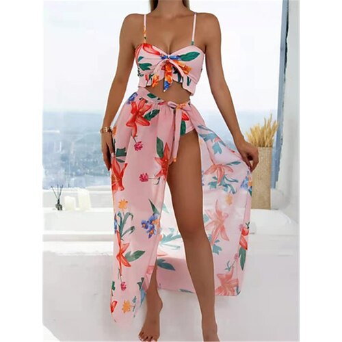 

Women's Swimwear Bikini Three Piece Normal Swimsuit Open Back Printing High Waisted Floral Blue Rosy Pink Camisole Strap Bathing Suits Sexy Vacation Fashion / Modern / New