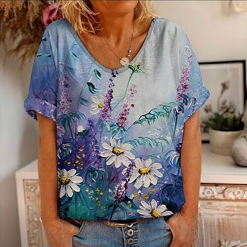 Women's T shirt Tee Green Purple Yellow Floral Print Short Sleeve Casual Holiday Basic V Neck Regular Floral Abstract Painting S / 3D Print
Women's T shirt Tee Green Purple Yellow Floral Print Short Sleeve Casual Holiday Basic V Neck Regular Floral Abstract Painting S / 3D Print