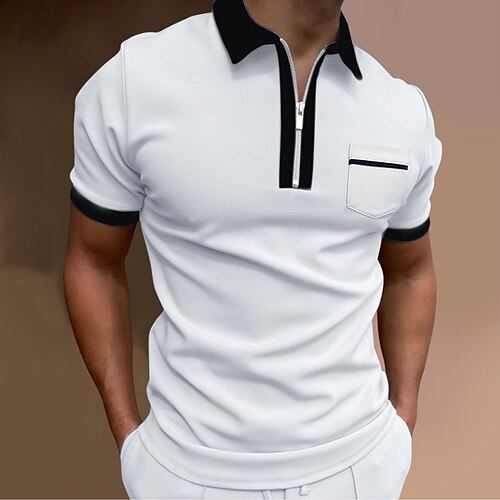 

Men's Polo Shirt Zip Polo Gym golf shirts Turndown Quarter Zip Short Sleeve Sports Designer Solid Colored Patchwork Quarter Zip Spring & Summer Slim Wine Black / Red Black-White Black / Gray White
