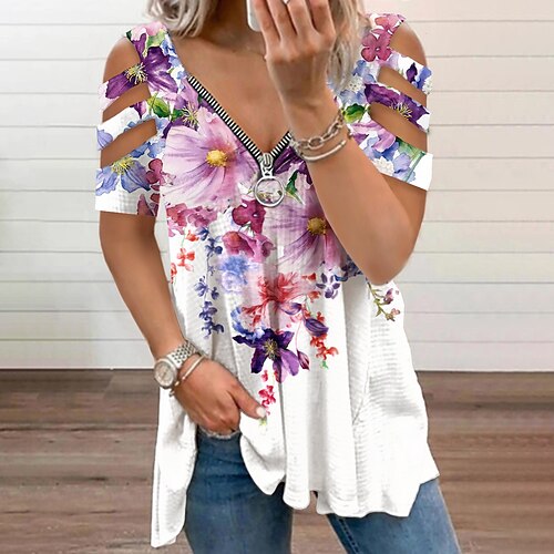 Women's Floral Theme Painting T shirt Floral Cold Shoulder Quarter Zip Print V Neck Basic Tops White / 3D Print
Women's Floral Theme Painting T shirt Floral Cold Shoulder Quarter Zip Print V Neck Basic Tops White / 3D Print