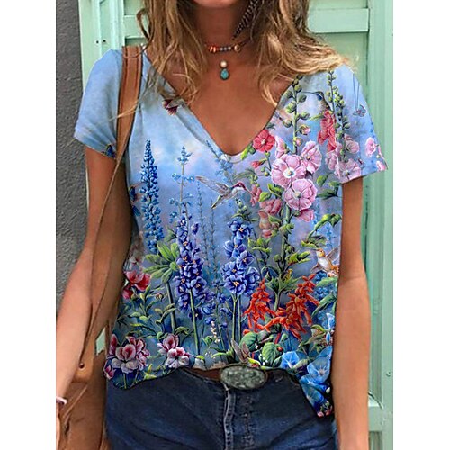 Women's T shirt Tee Blue Purple Yellow Floral Bird Print Short Sleeve Casual Holiday Basic V Neck Regular Floral Painting S / 3D Print
Women's T shirt Tee Blue Purple Yellow Floral Bird Print Short Sleeve Casual Holiday Basic V Neck Regular Floral Painting S / 3D Print
