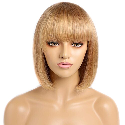 

Human Hair Wig Short Natural Straight Neat Bang Blonde Cosplay Easy to Carry Women Machine Made Brazilian Hair Women's Strawberry Blonde#27 12 inch Party / Evening Daily Wear Vacation