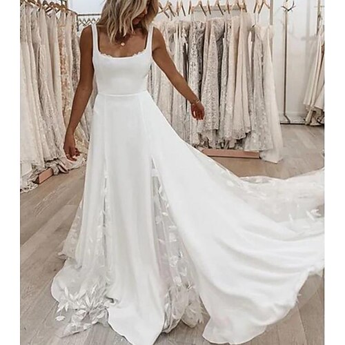 A-Line Wedding Dresses Square Neck Spaghetti Strap Sweep / Brush Train Chiffon Lace Tulle Sleeveless Country Sexy Backless with Appliques Split Front 2022
A-Line Wedding Dresses Square Neck Spaghetti Strap Sweep / Brush Train Chiffon Lace Tulle Sleeveless Country Sexy Backless with Appliques Split Front 2022