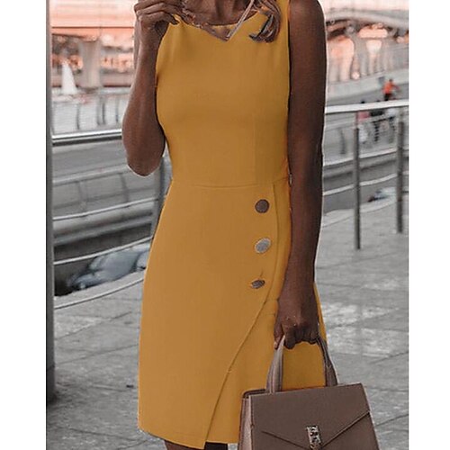 

Women's Work Dress Sheath Dress Mini Dress Black White Yellow Sleeveless Pure Color Button Fall Spring Summer Crew Neck Fashion Daily Wedding Guest Vacation 2023 S M L XL XXL