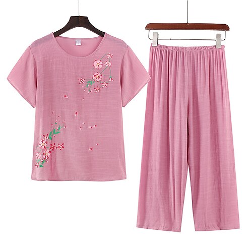 Women's Loungewear Sets Nighty Flower Simple Comfort Home Mother's Day Cotton Crew Neck Short Sleeve T shirt Tee Embroidery Spring Summer Green Blue
Women's Loungewear Sets Nighty Flower Simple Comfort Home Mother's Day Cotton Crew Neck Short Sleeve T shirt Tee Embroidery Spring Summer Green Blue