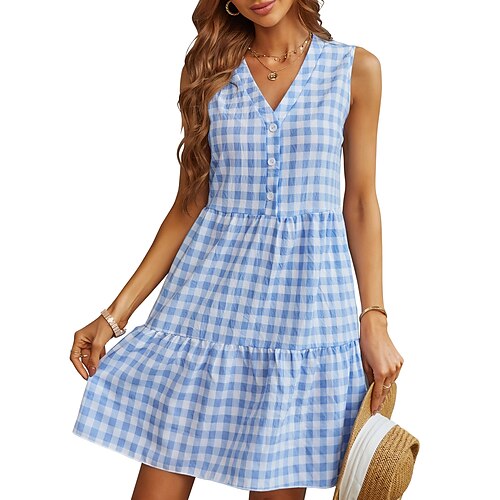 Women's Casual Dress Plaid Dress Mini Dress Black Blue Pink Sleeveless Check Button Spring Summer V Neck Fashion 2022 S M L XL
Women's Casual Dress Plaid Dress Mini Dress Black Blue Pink Sleeveless Check Button Spring Summer V Neck Fashion 2022 S M L XL