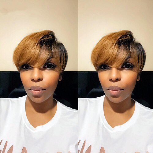 

1B/30 Honey Blonde Ombre Color Short Straight Bob Pixie Cut Full Machine Made No Lace Human Hair Wigs With Bangs For Black Women Remy