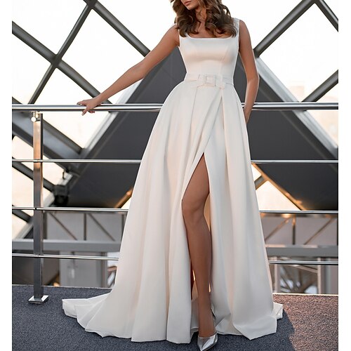 A-Line Wedding Dresses Square Neck Spaghetti Strap Court Train Satin Sleeveless Simple Sexy Backless with Split Front Solid Color 2022
A-Line Wedding Dresses Square Neck Spaghetti Strap Court Train Satin Sleeveless Simple Sexy Backless with Split Front Solid Color 2022