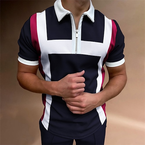 

Men's Polo Shirt Golf Shirt Outdoor Street Turndown Quarter Zip Short Sleeve Fashion Casual Striped Zipper Quarter Zip Summer Regular Fit Black Wine Royal Blue Polo Shirt