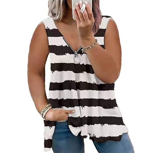 Women's Plus Size Curve Tops T shirt Tee Striped Color Block Zipper Print Sleeveless V Neck Streetwear Preppy Daily Vacation Polyester Spring Summer Green Black
Women's Plus Size Curve Tops T shirt Tee Striped Color Block Zipper Print Sleeveless V Neck Streetwear Preppy Daily Vacation Polyester Spring Summer Green Black