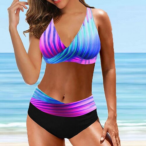 

Women's Swimwear Bikini 2 Piece Plus Size Swimsuit Backless High Waisted Ombre Gradient Color V Neck Tropical Push Up Bathing Suits