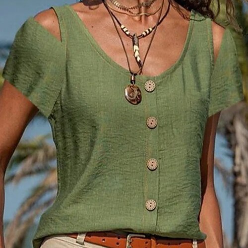 Women's Casual Weekend T shirt Tee Plain Short Sleeve Cut Out Button Round Neck Basic Tops Green Blue Purple S
Women's Casual Weekend T shirt Tee Plain Short Sleeve Cut Out Button Round Neck Basic Tops Green Blue Purple S
