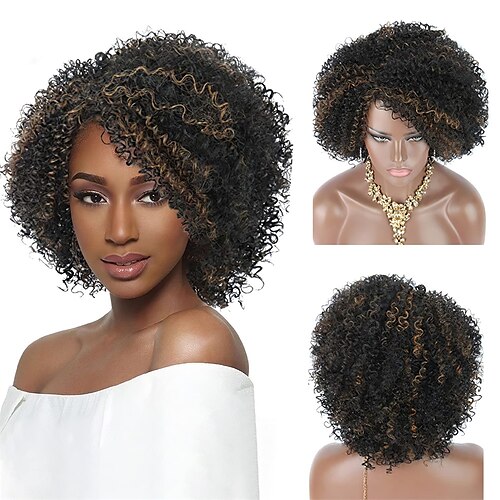 

Short Afro Kinky Curly Wigs for Black Women Premium Synthetic Hair Wigs with Hair Bangs 150% Density Bouncy and Full Natural Looking Hair Replacement Wig