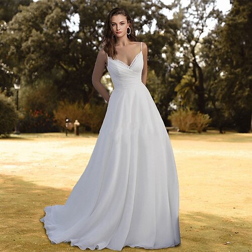 A-Line Wedding Dresses V Neck Spaghetti Strap Sweep / Brush Train Chiffon Sleeveless Formal Simple Sexy Backless with Pleats Ruched 2022
A-Line Wedding Dresses V Neck Spaghetti Strap Sweep / Brush Train Chiffon Sleeveless Formal Simple Sexy Backless with Pleats Ruched 2022