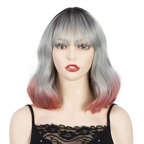 

Grey Red Wig Bob Wave Wig Synthetic Short Wave Wig With Air Bangs For Women Heat Resistant Fiber Wigs Everyday Party Cosplay Costume Wigs
