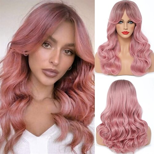 

Pink Wig Ombre Pink Wigs with Bangs for Women 22inch Dart Root Long Wavy Wig with Curtain Bangs Heat Resistant Wig Colorful Wigs Synthetic Wavy Wigs