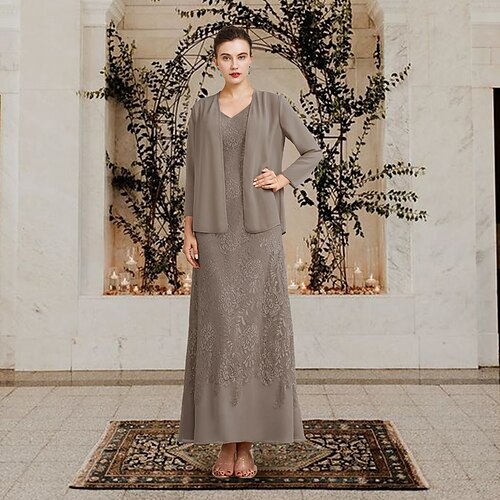 Two Piece A-Line Mother of the Bride Dress Elegant V Neck Floor Length Chiffon Lace Sleeveless Wrap Included with Appliques 2022
Two Piece A-Line Mother of the Bride Dress Elegant V Neck Floor Length Chiffon Lace Sleeveless Wrap Included with Appliques 2022
