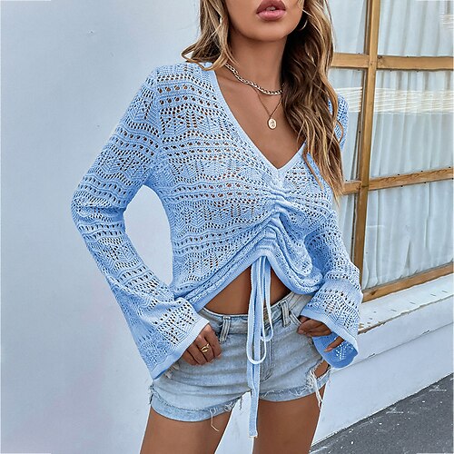 

Women's Pullover Sweater jumper Jumper Crochet Knit Cropped Knitted Thin Pure Color V Neck Casual Soft Outdoor Daily Flare Cuff Sleeve Spring Summer Blue Purple S M L / Long Sleeve / Holiday